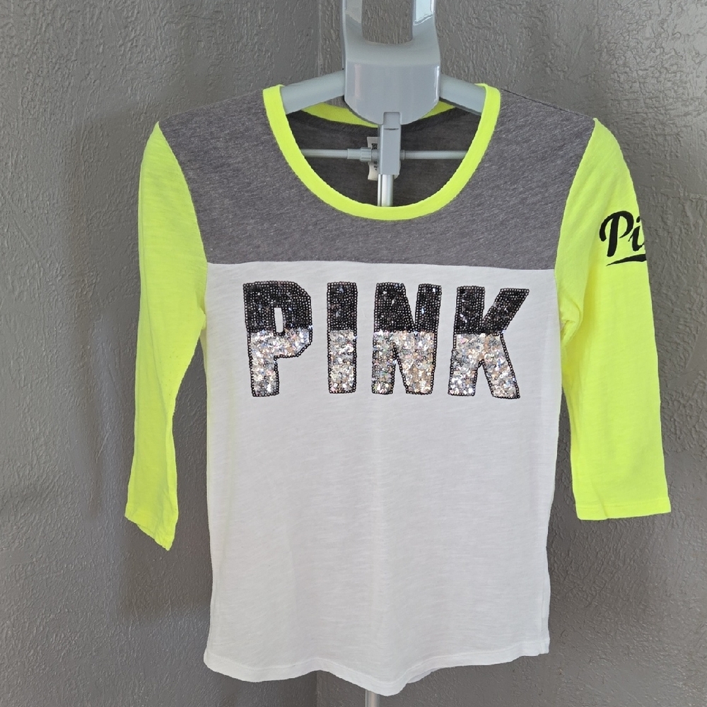 ^PINK Victoria's Secret 3/4 Sleeve Shirt with Neon Yellow and Gray Sequins